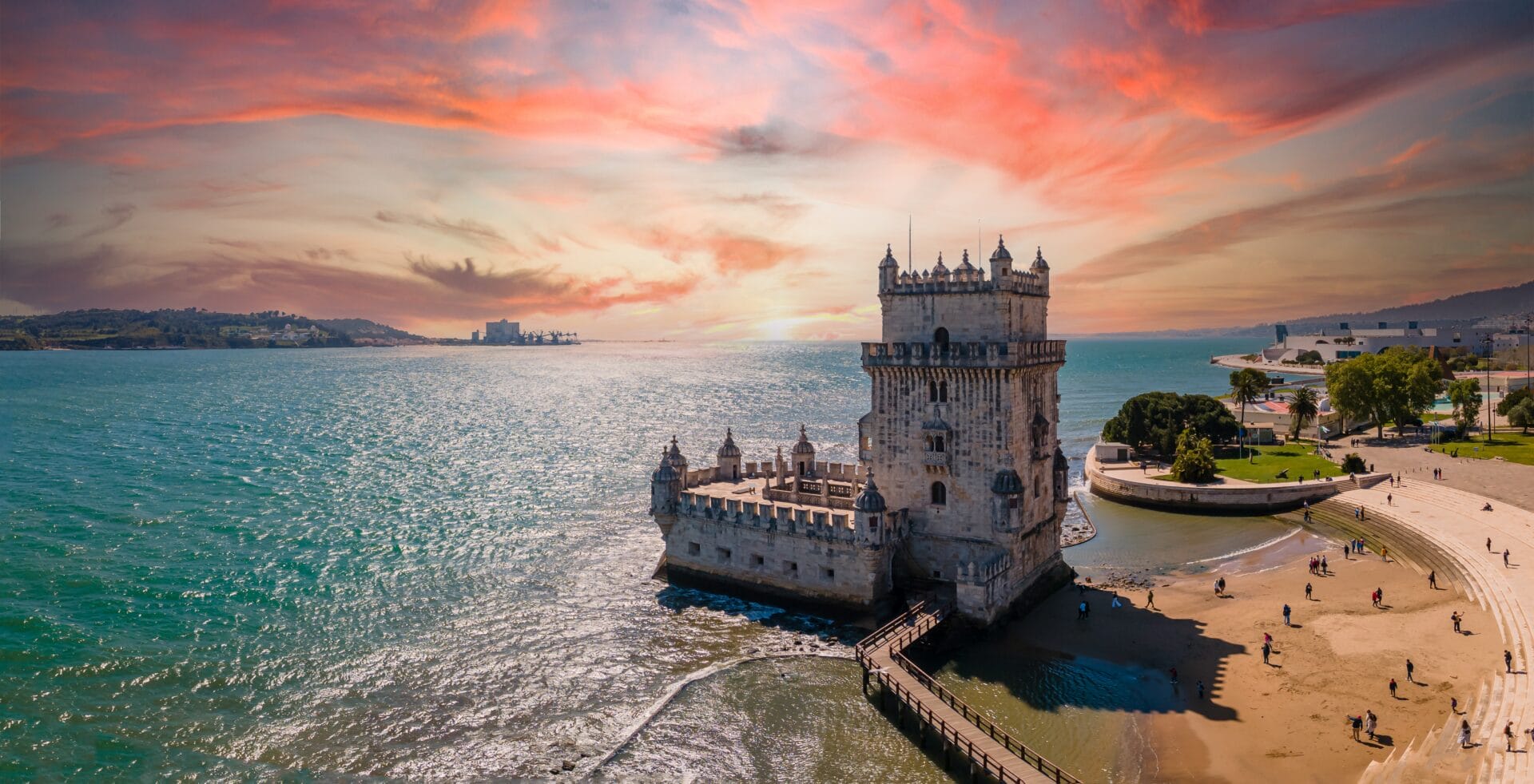 Aerial view of tower of Belem at sunset, Lisbon Portugal