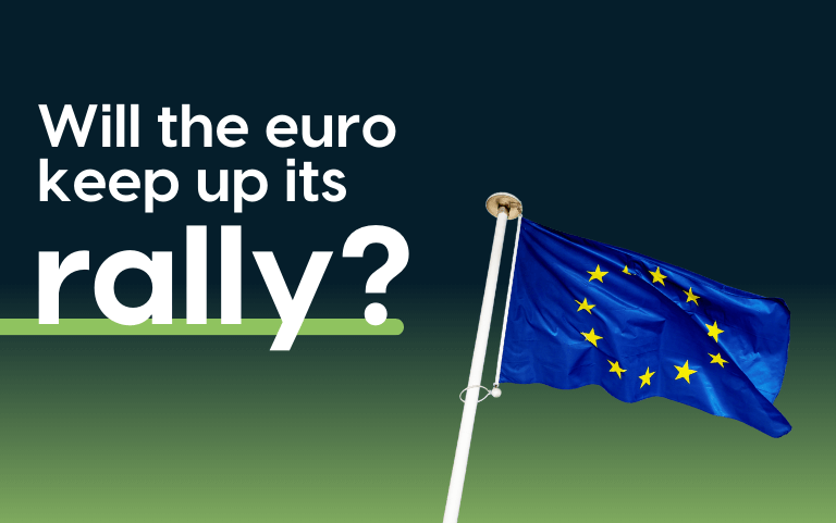 Eurozone flag on green and blue background, with text reading 'will the euro keep up its rally?'